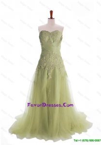 Luxurious Appliques Brush Train Long Prom Dresses in Olive Green