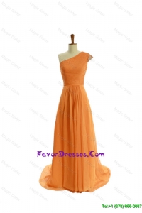 Gorgeous Ruching One Shoulder Orange Prom Dresses with Brush Train