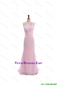 Simple Baby Pink Brush Train Prom Dresses with Hand Made Flowers