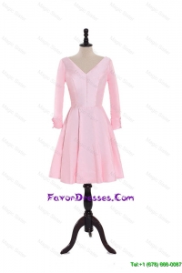 Custom Made A Line V Neck 3/4 Length Sleeve Prom Dresses in Baby Pink