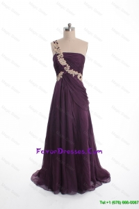 Brand New Appliques Sweep Train Purple Prom Dresses with One Shoulder