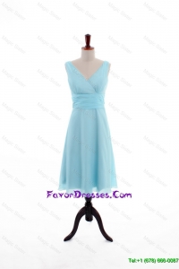 Custom Made Empire V Neck Knee Length Prom Dresses in Light Blue