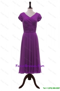 Most Popular V Neck Pleats Prom Dresses in Eggplant Purple