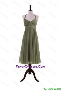 Simple Belt Halter Top Short Prom Dresses in Olive Green