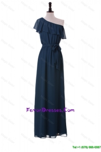 Exclusive One Shoulder Sashes and Ruffles Prom Dresses in Navy Blue