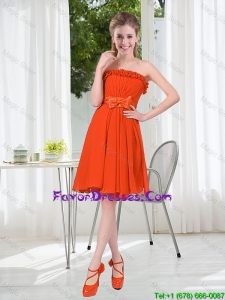 Summer A Line Strapless Bowknot Bridesmaid Dress in Rust Red