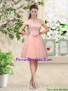 Discount Off the Shoulder Hand Made Flowers Bridesmaid Dresses in Baby Pink