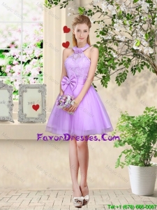 Feminine Halter Top Laced and Bowknot Prom Dresses in Lavender
