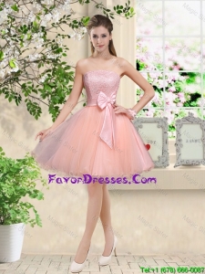 Popular Strapless Mini Length Prom Dresses with Appliques and Bowknot