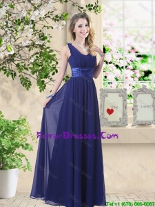 Wonderful Ruched Navy Blue Prom Dresses with V Neck