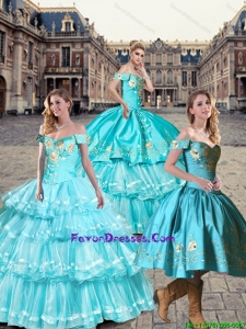 2015 Fall New Style Off the Shoulder Embroidery Quinceanera Dresses in Teal and Aqua Blue