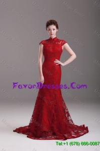 Beautiful Exquisite Cap Sleeves Mermaid Wine Red Wedding Dresses with Brush Train