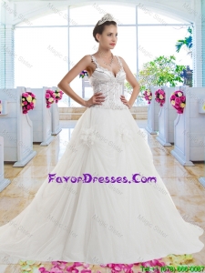 Luxurious Straps Beaded Hand Made Flowers Wedding Gown