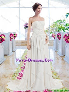 Modest Brush Train Wedding Dresses with Belt and Appliques