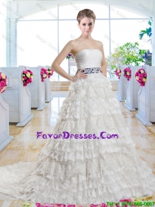 Popular Belt and Laced Wedding Gowns with Ruffled Layers