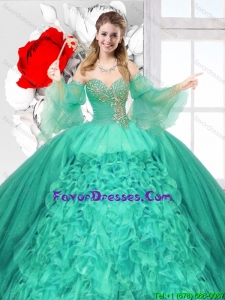 Popular Beaded Turquoise Quinceanera Gowns with Ruffles for Spring