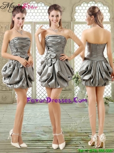 New Style Short Strapless Silver Prom Dresses with Pick Ups