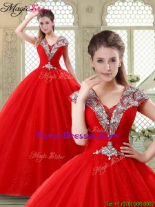 2016 Exquisite Ball Gown Beading Sweet 16 Dresses with V Neck