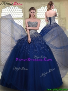 2016 Gorgeous Ball Gown Strapless Quinceanera Gowns in Navy Blue