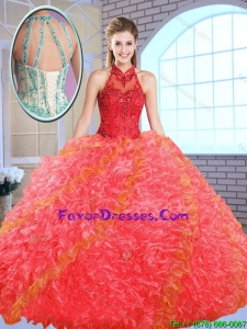 Cheap Appliques and Ruffles Quinceanera Gowns with High Neck