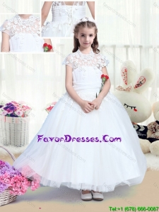 Simple High Neck Appliques Flower Girl Dresses with Tea Length