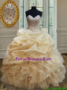 Simple Visible Boning Beaded Bodice and Ruffled Quinceanera Dress in Champagne