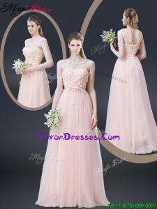 2016 Lovely Empire Bateau Prom Dresses with Appliques and Bowknot