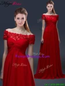 Simple Off the Shoulder Short Sleeves Red Prom Dresses with Appliques