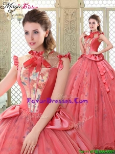 Classical High Neck Cap Sleeves Quinceanera Gowns with Bowknot
