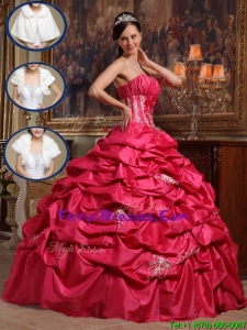 2016 Cheap Coral Red Strapless Quinceanera Gowns with Appliques