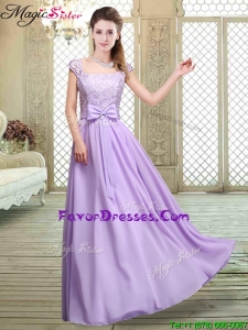 Fashionable Square Cap Sleeves Lavender Bridesmaid Dresses with Belt