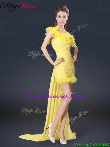 Most Popular One Shoulder Watteau Train Bridesmaid Dresses in Yellow