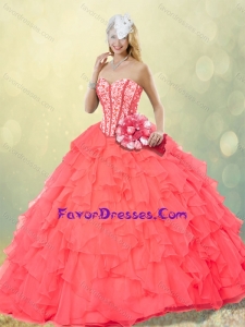 Hot Sale Coral Red Quinceanera Gowns with Beading and Ruffles for 2016 Fall