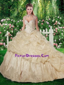 2016 Sweet Brush Train Champange Sweet 16 Gowns with Beading for Fall