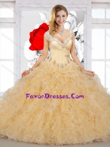 2016 Top Selling Puffy Straps Sweet 16 Champagne Dresses with Beading and Ruffles