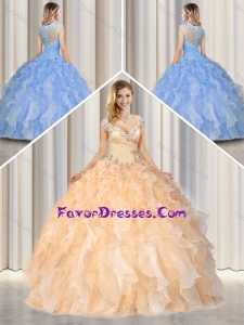2016 Pretty Straps Champagne Quinceanera Gowns with Beading and Ruffles