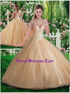 2016 Simple A Line Champange Quinceanera Gowns with Beading and Appliques