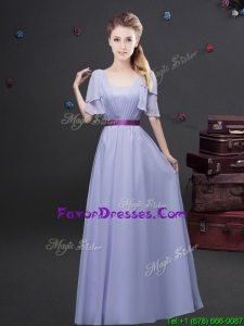 2017 Exquisite Empire Square Belted Long Dama Dress with Short Sleeves