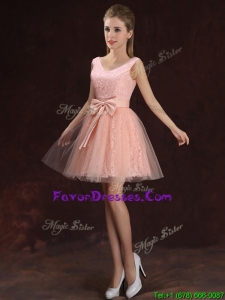 Most Popular V Neck Pink Prom Dress with Bowknot and Lace