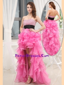 2016 Cheap Sweetheart High-low Pink Prom Dresses with Beading and Belt