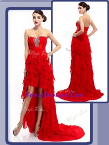 2016 High Low Beading and Ruffled Layers Prom Dresses in Red