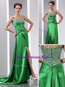 2016 Latest Column Beading and High Slit Prom Dresses with Court Train