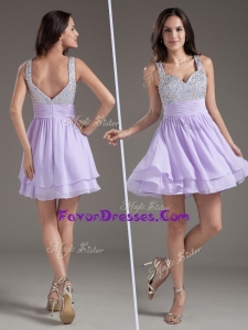2016 Latest Straps Mini Length Lavender Prom Dress with Beading