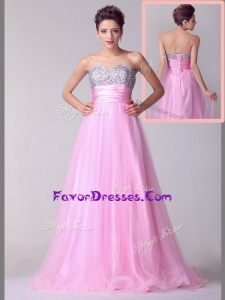 2016 Lovely A Line Brush Train Rose Pink Plus Size Prom Dresses with Beading for Spring
