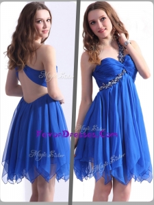 Latest One Shoulder Blue Short Prom Dresses with Beading