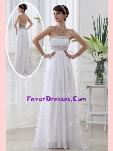 Latest Strapless Brush Train Beading Prom Dress in White