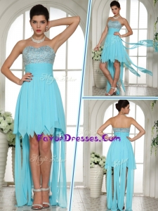 Wonderful Sweetheart High Low Beading and Paillette Prom Dress in Aqua Blue