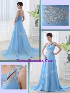 2016 Sweet One Shoulder Brush Train Beading Sweet Prom Dress with Lace Up