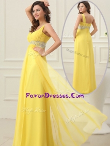 Unique Empire One Shoulder Beading Prom Dress in Yellow