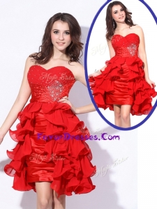 2016 Best Sweetheart Red Short Sweet Prom Dresses with Beading and Ruffles